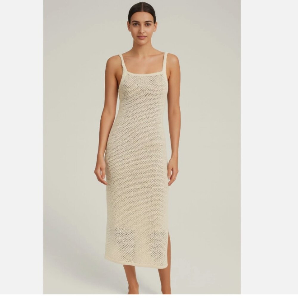 Joie Dress Women's M Cream Crochet Sleeveless Bodycon Midi Slit Lined NWT  Step